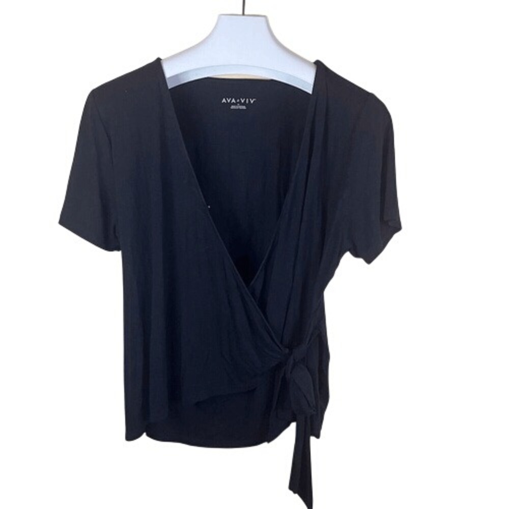 Ava & Viv Women's Size 1X Black Tie Front‎ Wrap Blouse Short Sleeve Classic